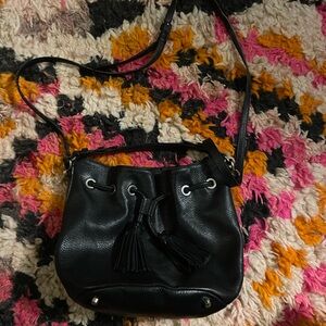 ABRO designer Black Leather drawstring tassel Bucket Bag purse gold hardware